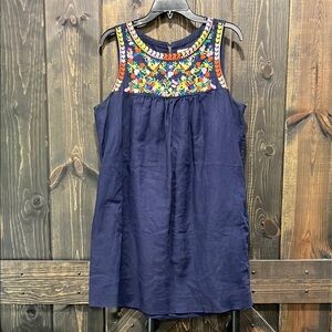 J. Crew Linen Blend Mini Dress 10 Embroidered Floral Boho Chic Navy Blue‎ Cotton